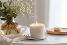 A Scented Candle On A White Table With Vases On A Modern Minimalist Background. AI Generative