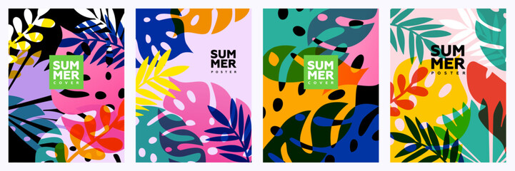 Wall Mural - Summer bright illustrations set for poster, card, cover, label, banner in modern minimalist style with overlay effect. Modern and simple summer design templates with tropical leaves and plants