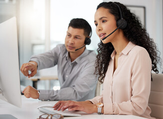 Poster - Business people, call center and coaching on computer in customer service, support or telemarketing at office. Businessman training staff or woman in contact us, marketing or telesales at workplace