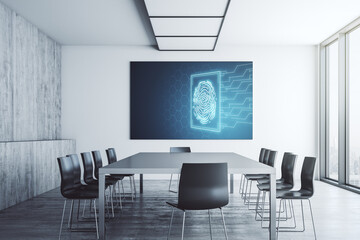 Aufkleber - Creative fingerprint hologram on presentation tv screen in a modern meeting room, personal biometric data concept. 3D Rendering