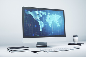 Poster - Abstract digital world map on modern computer monitor, big data and blockchain concept. 3D Rendering