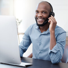 Poster - black man, callcenter with phone call and computer, communication with headset and contact us in off