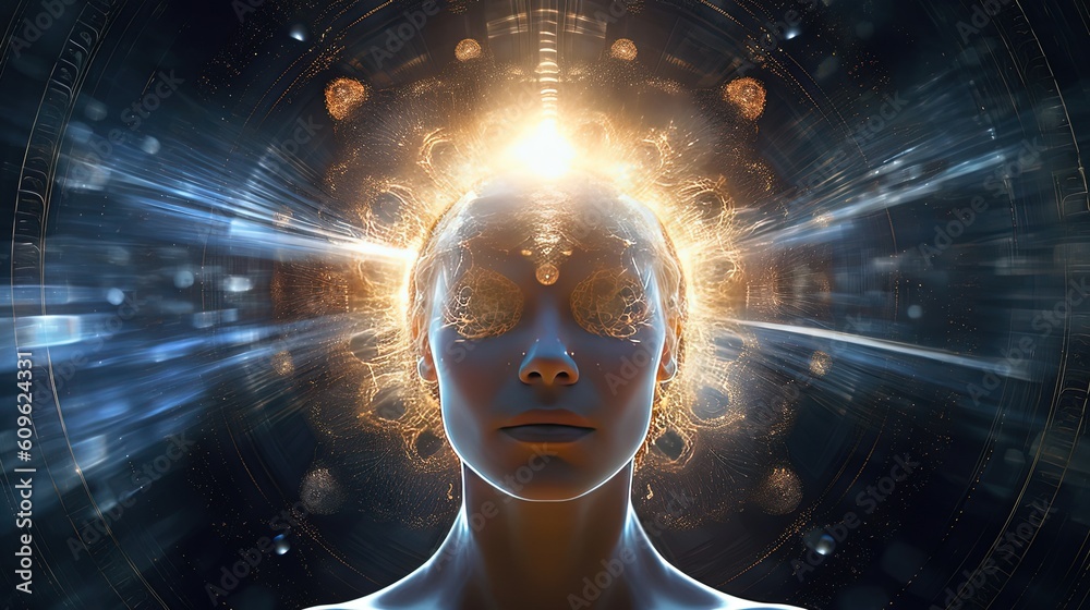 brain power concept illustration of close up human face with glitter ...