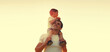 © guas - Happy smiling young father and little child son walking together outdoors on evening sunset sky on sunny day, family photo