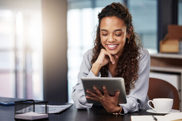 Poster - Tablet, search and smile with business woman in office for social media, networking or website. Happy, internet and technology with female employee in digital agency for online, email and planning
