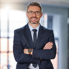 Poster - Happy, businessman and portrait of CEO with arms crossed in confidence for corporate management. Confident senior man executive with smile for business leadership, company goals or boss at workplace