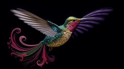 Yarn painting of Hummingbird in flight with purple, pink flower isolated on black background. Generative AI