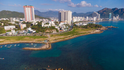 cityscape nha trang city in vietnam shot from drone, gorgeous asia, beach by the sea, modern city in tropics