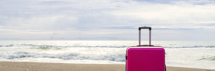 suitcase by the sea banner, travel, tourism and vacation, Beach holiday