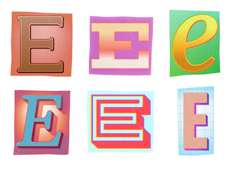Poster - Letter E ransom note paper cut-out collage elements in various graphic styles isolated on transparent background