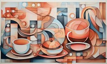 Symbols Of Coffee Painted In Cubist's Watercolor Style