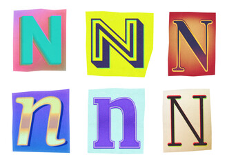 Poster - Letter N ransom note paper cut-out collage elements in various graphic styles isolated on transparent background