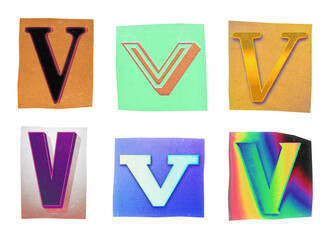 Poster - Letter V ransom note paper cut-out collage elements in various graphic styles isolated on transparent background