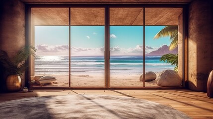 Beautiful view window for luxury lifestyle design. Natural background. Stock illustration. Summer nature decoration with palm. Travel Design background.