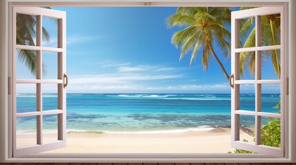 Beautiful view window for luxury lifestyle design. Natural background. Stock illustration. Summer nature decoration with palm. Travel Design background.