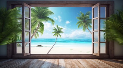 Wall Mural - Beautiful view window for luxury lifestyle design. Natural background. Stock illustration. Summer nature decoration with palm. Travel Design background.