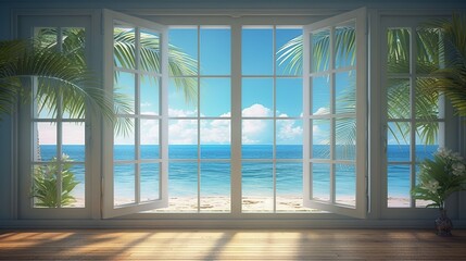 Poster - Beautiful view window for luxury lifestyle design. Natural background. Stock illustration. Summer nature decoration with palm. Travel Design background.