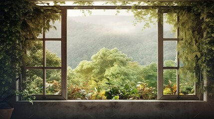 Wall Mural - Beautiful Travel natural landscape. View window in realistic style on natural background.