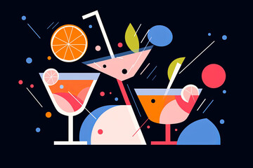 Canvas Print - Colourful summer cocktail drink. Flat illustration style. Generative ai