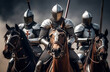 Three medieval knights in full armor riding horses. Generative AI.