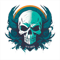 Skull emblem vector logo. Agressive human skull with wings