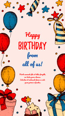 Wall Mural - Birthday vertical greeting card. Poster with hand drawn elements. Celebration social media stories  template. Vector illustration in sketch style