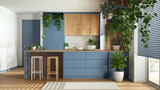 Fototapeta Panele - Home garden love. Wooden kitchen with island and stools interior design in white and blue tones. Parquet, carpet and many house plants. Urban jungle, indoor biophilia idea