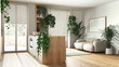 © ArchiVIZ - Modern wooden kitchen and living room in white tones with island, sofa, window and appliances. Biophilic concept, many houseplants. Urban jungle interior design