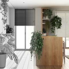 Canvas Print - Architect interior designer concept: hand-drawn draft unfinished project that becomes real, indoor home garden concept. Kitchen with island and many house plants. Urban jungle idea