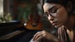 Songwriter Female Hispanic Young Adult Writing lyrics and composing music for artists or for their own songs in Home studio. Generative AI AIG22.