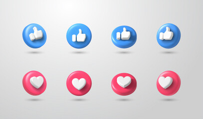3d style design like and love social media icon elements with different viewpoints