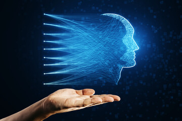 Poster - Innovation, research, artificial intelligence and big data concept with digital blue human face profile made from neural network flow above man hand on dark technological background
