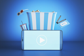 Aufkleber - Creative blue online movie theater background with smartphone, pop corn and other items. Multimedia application service. 3D Rendering.
