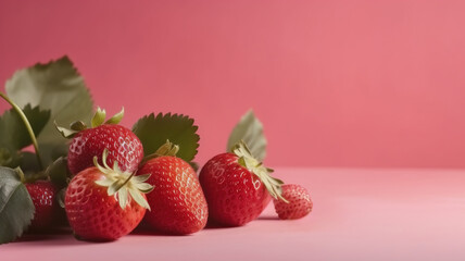 Fresh strawberries, pink background. Juicy red berries banner, close-up. Flat lay composition with tasty ripe strawberries, copy space. generative ai