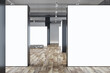 Front view between big blank white partitions with place for advertising poster or logo brand in abstract gallery hall with wooden glossy floor and grey wall background. 3D rendering, mockup