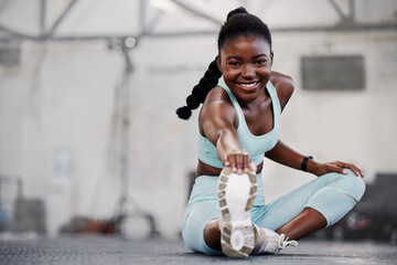 Poster - Gym, portrait or black woman stretching legs for workout routine or body movement for active fitness. Happy, athlete or healthy girl smiling in exercise training warm up for flexibility or mobility