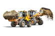 Two large wheel loaders with sand in a bucket at a construction site. Transportation of bulk materials. Rental of construction equipment. Isolated loader on a white background.