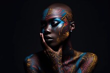 Beautiful African Woman With Black Skin Body Art. Generative AI