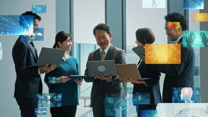 Poster - 会議するビジネスパーソンと映像コンテンツイメージ