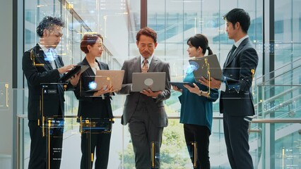 Aufkleber - 会議するビジネスパーソンとデジタルデータイメージ