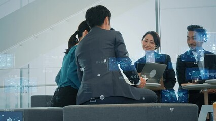 Aufkleber - オフィスで会議するビジネスグループとデジタルデータイメージ