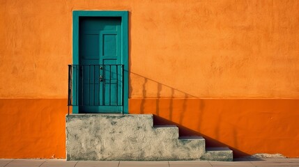 Contemporary layout template for decoration design. Orange Wall with a door, steps. Template design. luxury style background