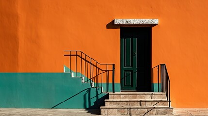 Contemporary layout template for decoration design. Orange Wall with a door, steps. Template design. luxury style background