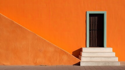 Contemporary layout template for decoration design. Orange Wall with a door, steps. Template design. luxury style background