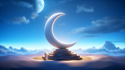 Wall Mural - 3D Crescent Moon Illuminating a Colorful Night Sky