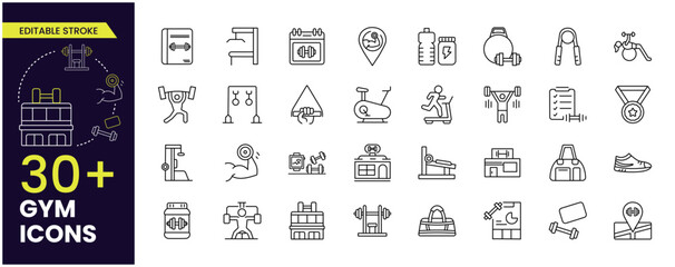 Gym, Fitness, healthy lifestyle, training, workout, biceps, running, diet, body building, yoga and equipment and health care stroke line icon set. Editable vector stroke icon collection