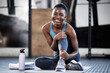 Relax, portrait or happy black woman at gym for a workout, exercise or training for healthy body or fitness. Face of sports girl or African athlete smiling or relaxing on break with positive mindset
