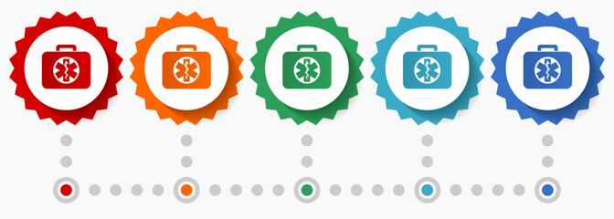 Poster - Rescue kit vector icon set, colorful infographic template, set of flat design badge icons in 5 color options