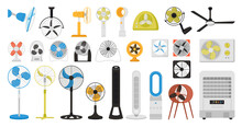 Electric Fan Set Vector Illustration. Cartoon Isolated Conditioning Appliances And Fan Ventilators Of Different Types For Ventilation Of Office And Home, Cooling Equipment For Ceiling, Desk And Wall