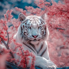 A white tiger against the backdrop of a beautiful sakura garden. Generative Ai